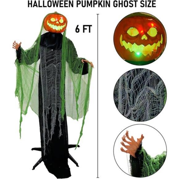 Halloween Decorations Outdoor, 6 FT Light Up Ghost Pumpkin with Sound Activation - Picture 2 of 7